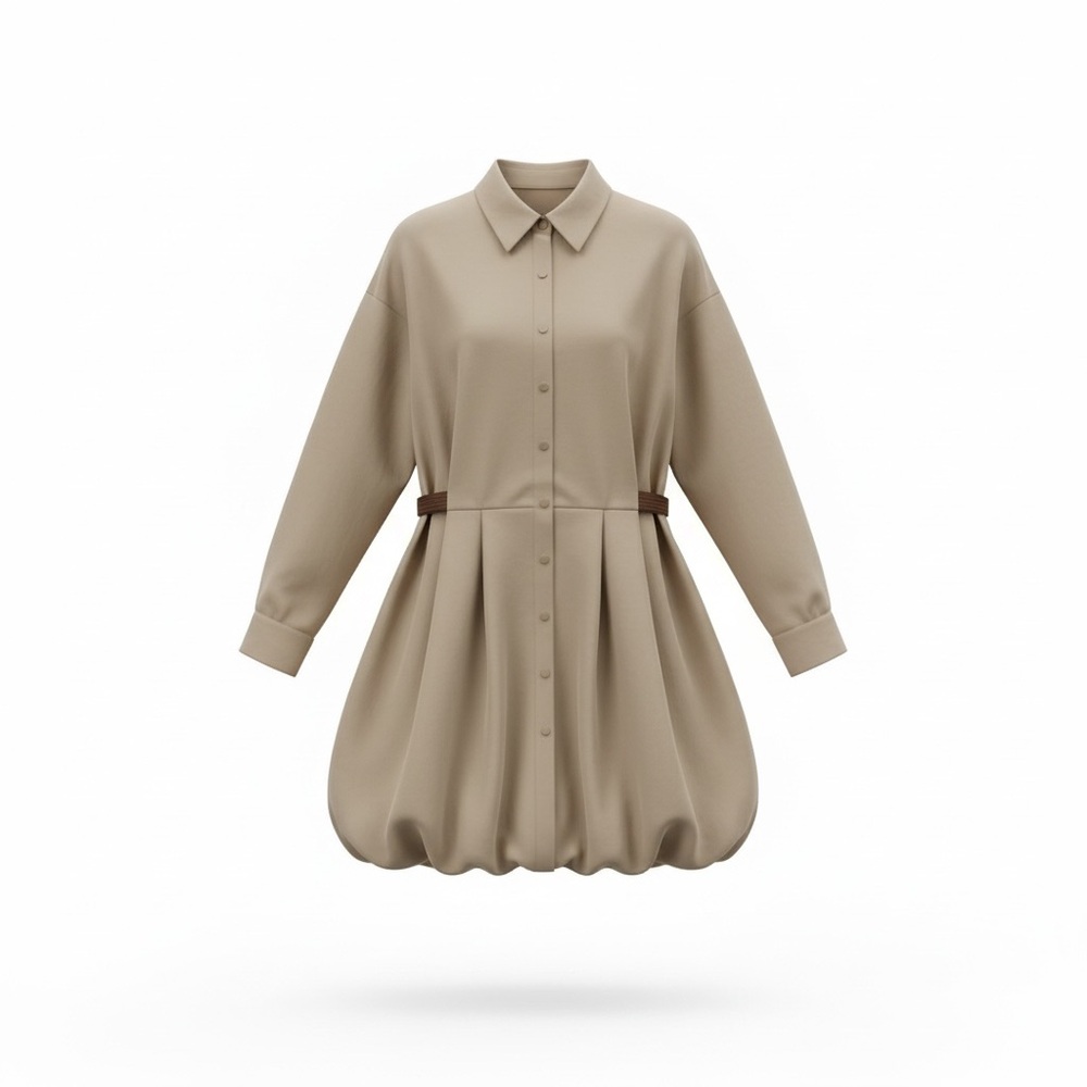 Zara Beige Bubble-Hem Shirt Dress with Brown Belt Accents